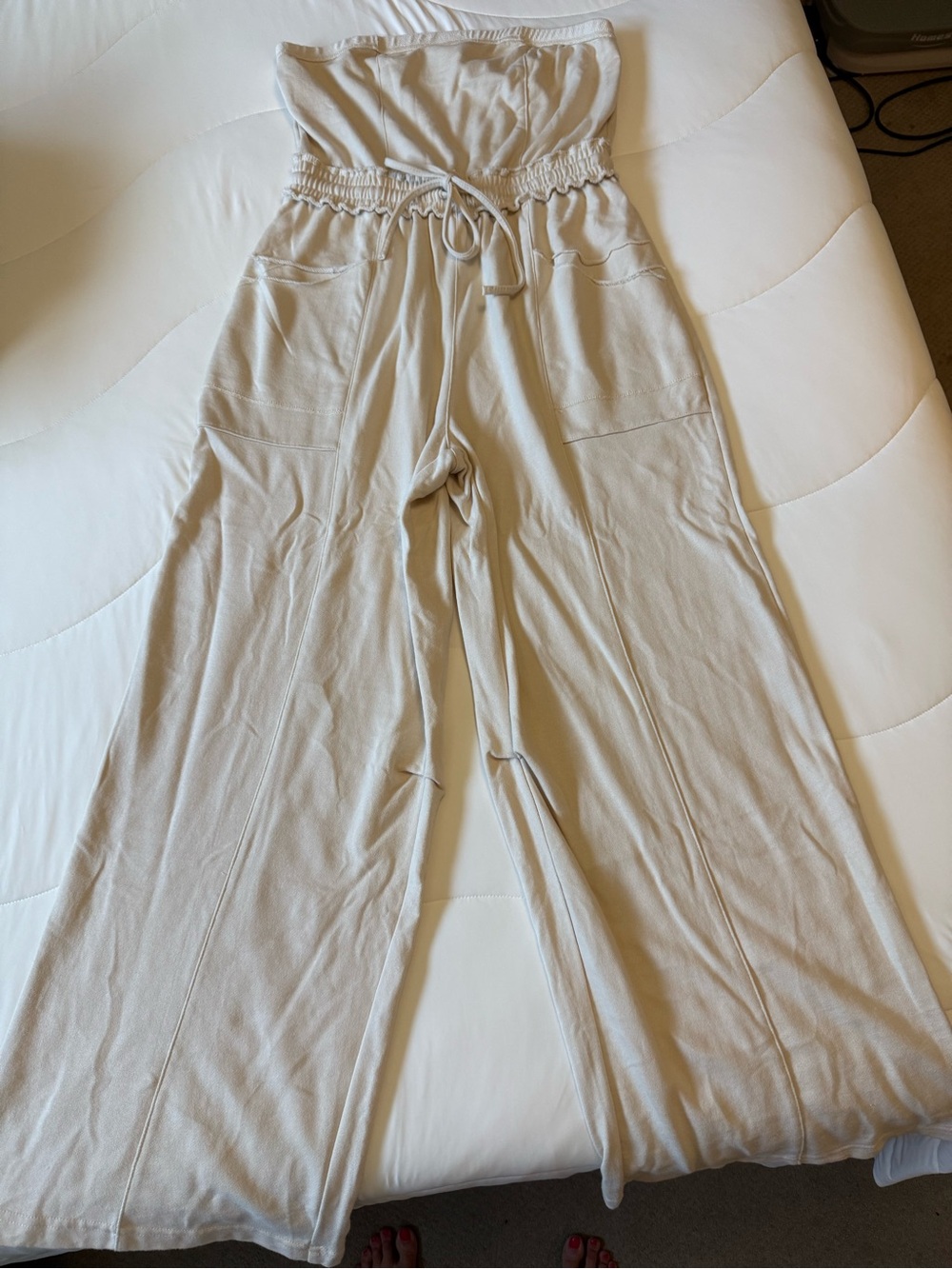 Strapless Cream Wide-Leg Jumpsuit with Drawstring Waist